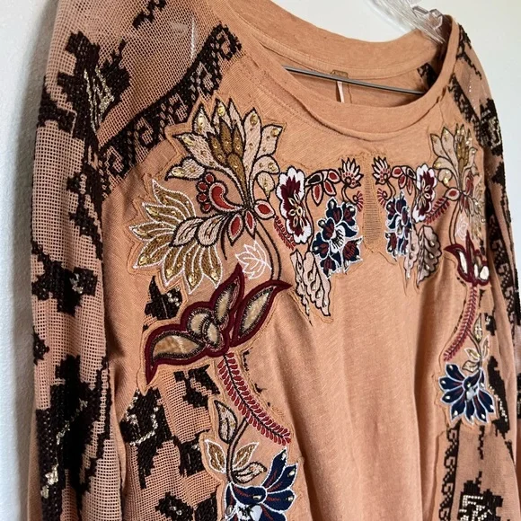 NWOT Free People Tall Tales Embellished Boho Long Sleeve Tunic Top Size Small - Picture 4 of 10